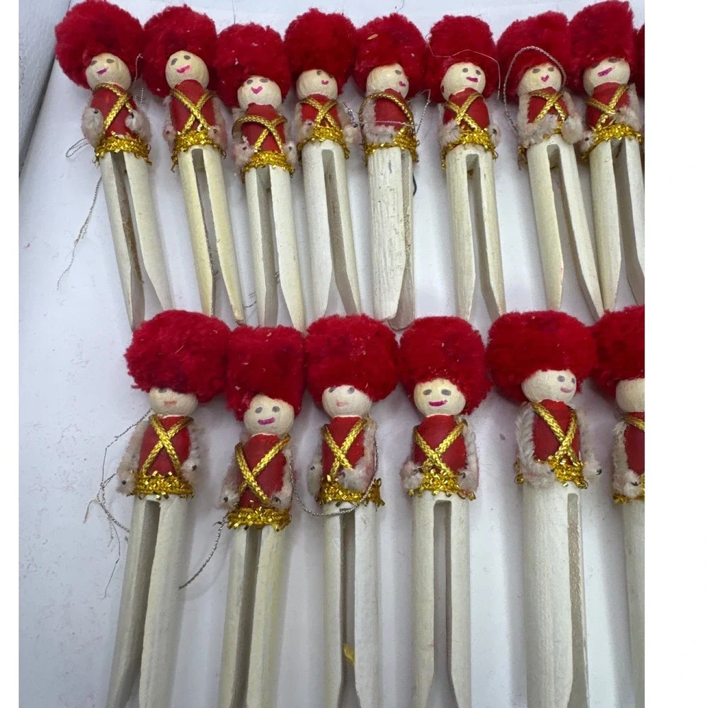 Vintage Handmade‎ Clothespin Soldier Christmas Ornaments Red Gold Lot of 22 4.5